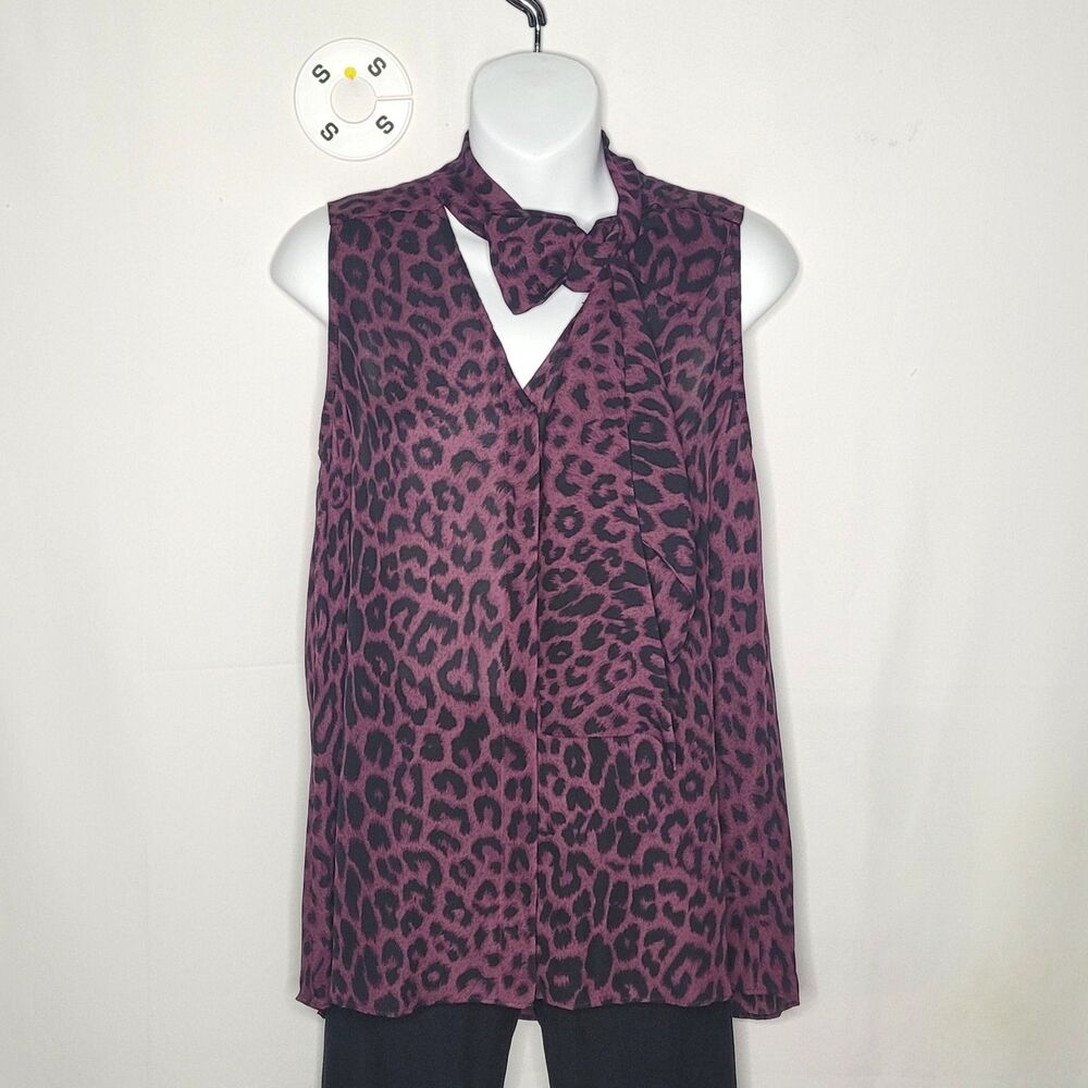 Parker 100% Silk Purple Black Leopard Print Sleeveless Bow Tie Blouse Top S